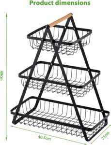  3 Tier Fruit Basket with Wooden Handle, 3 Levels Fruit Basket Holder for Fruits, Bread, Onions, Vegetables and Snacks at Home, Kitchen, Office