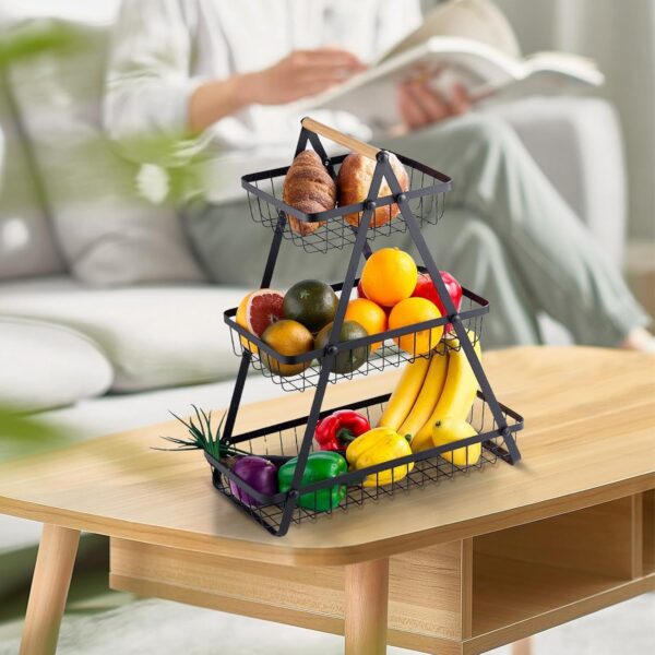 3 Tier Fruit Basket with Wooden Handle, 3 Levels Fruit Basket Holder for Fruits, Bread, Onions, Vegetables and Snacks at Home, Kitchen, Office