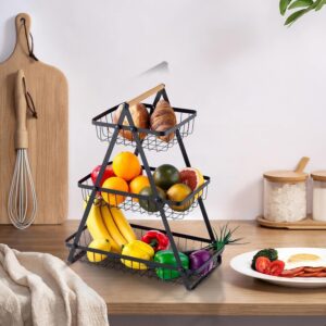 3 Tier Fruit Basket with Wooden Handle, 3 Levels Fruit Basket Holder for Fruits, Bread, Onions, Vegetables and Snacks at Home, Kitchen, Office
