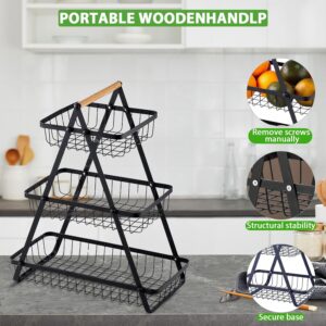  3 Tier Fruit Basket with Wooden Handle, 3 Levels Fruit Basket Holder for Fruits, Bread, Onions, Vegetables and Snacks at Home, Kitchen, Office