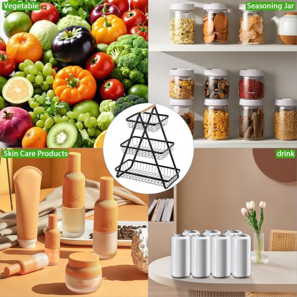 3 Tier Fruit Basket with Wooden Handle, 3 Levels Fruit Basket Holder for Fruits, Bread, Onions, Vegetables and Snacks at Home, Kitchen, Office